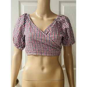 SIM & SAM Puff Sleeve Gingham Crop Top S Smock back Cowgirl Cottagecore Patriot